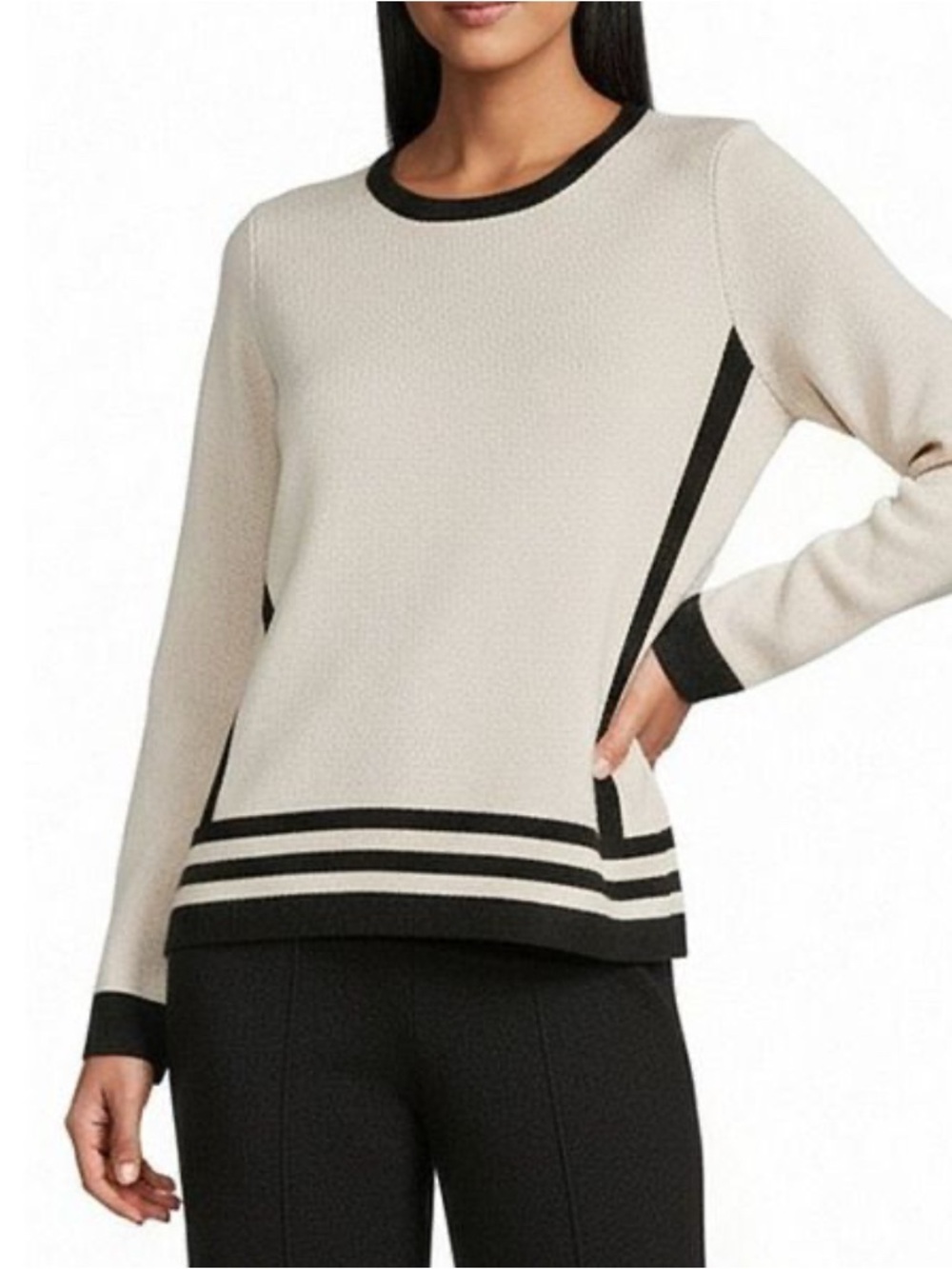 NWT Investments Cream and Black Contrast Trim Women's Sweater